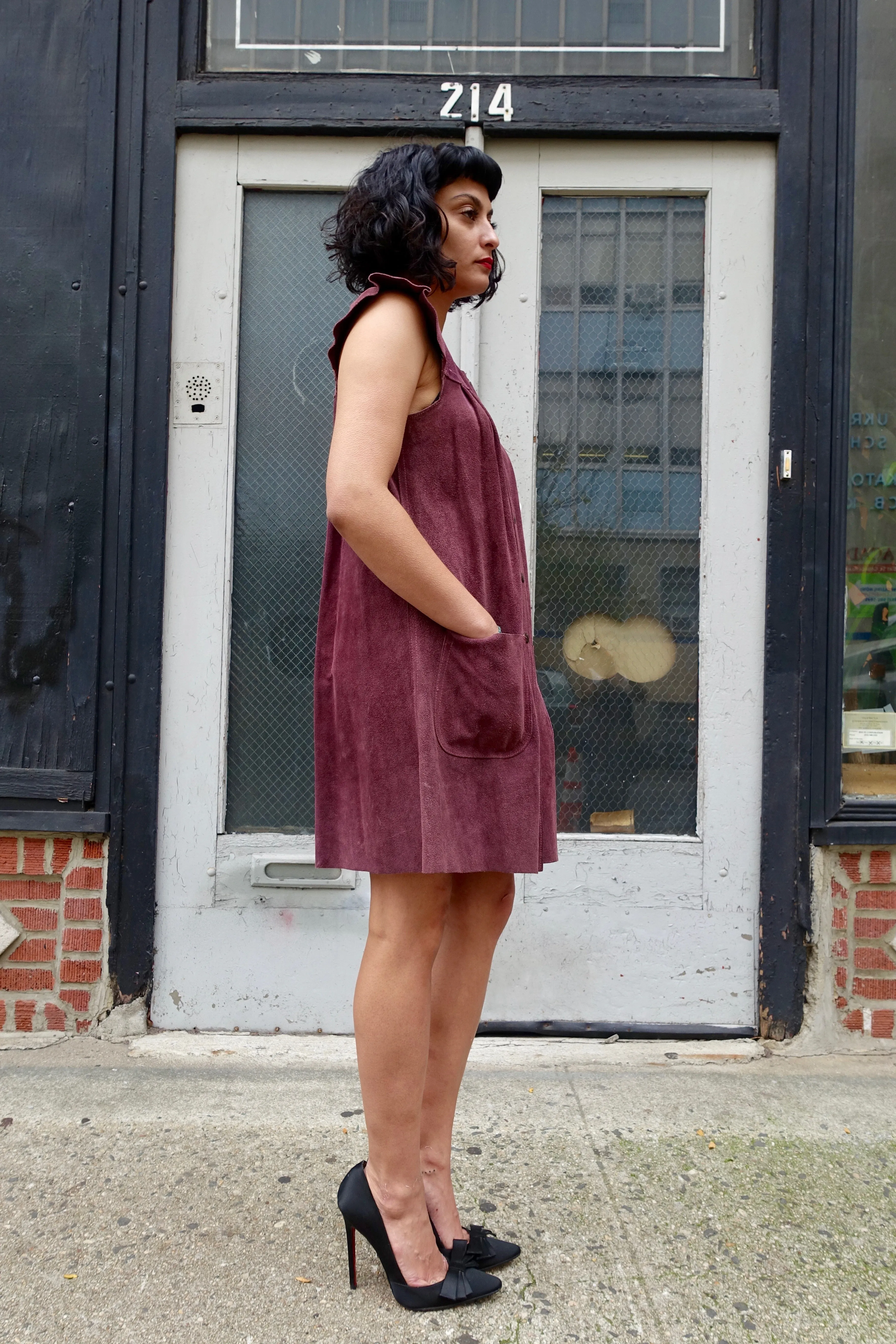 1970's Plum Suede Ruffle Sleeve Dress - SOLD