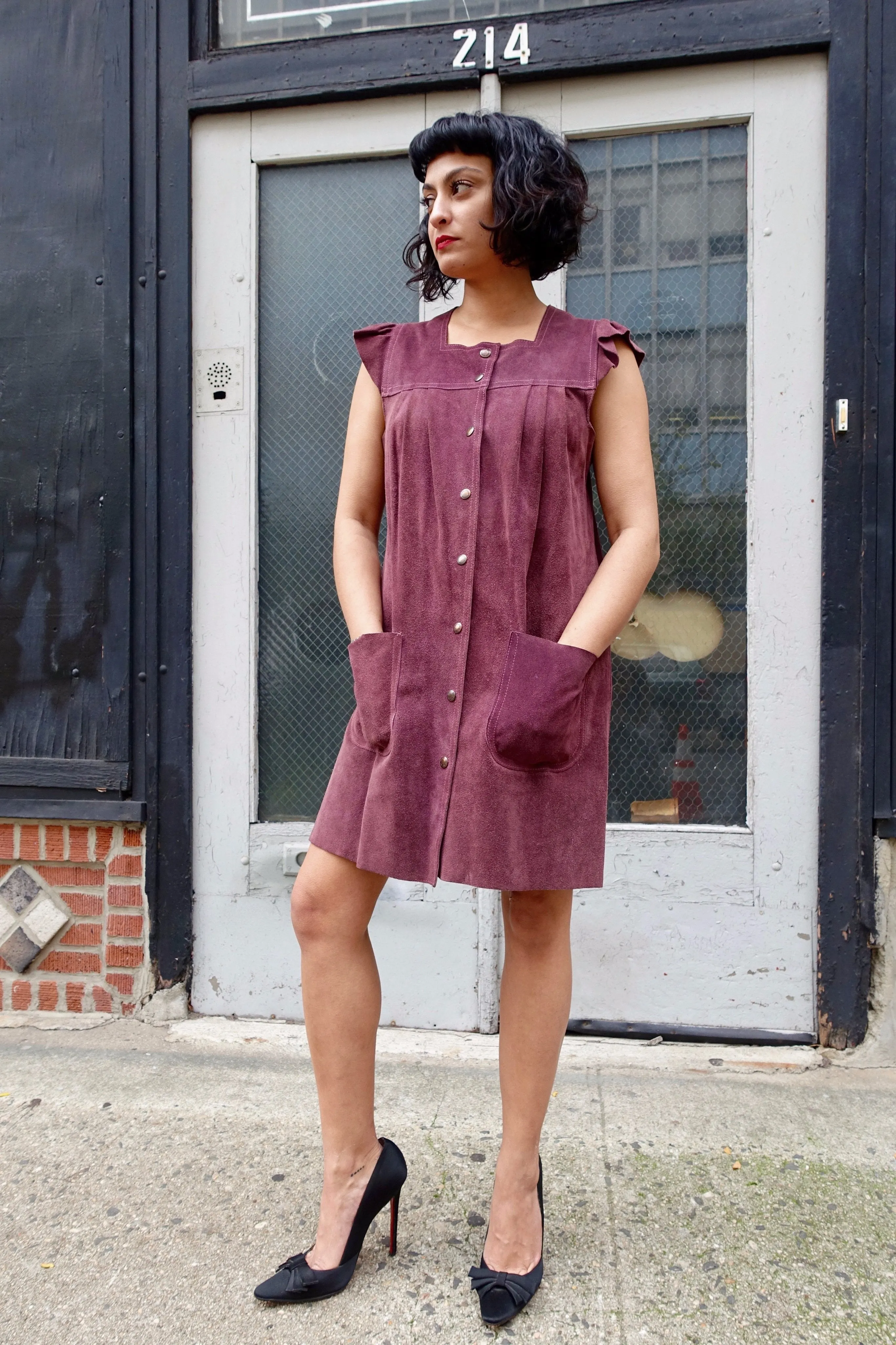 1970's Plum Suede Ruffle Sleeve Dress - SOLD
