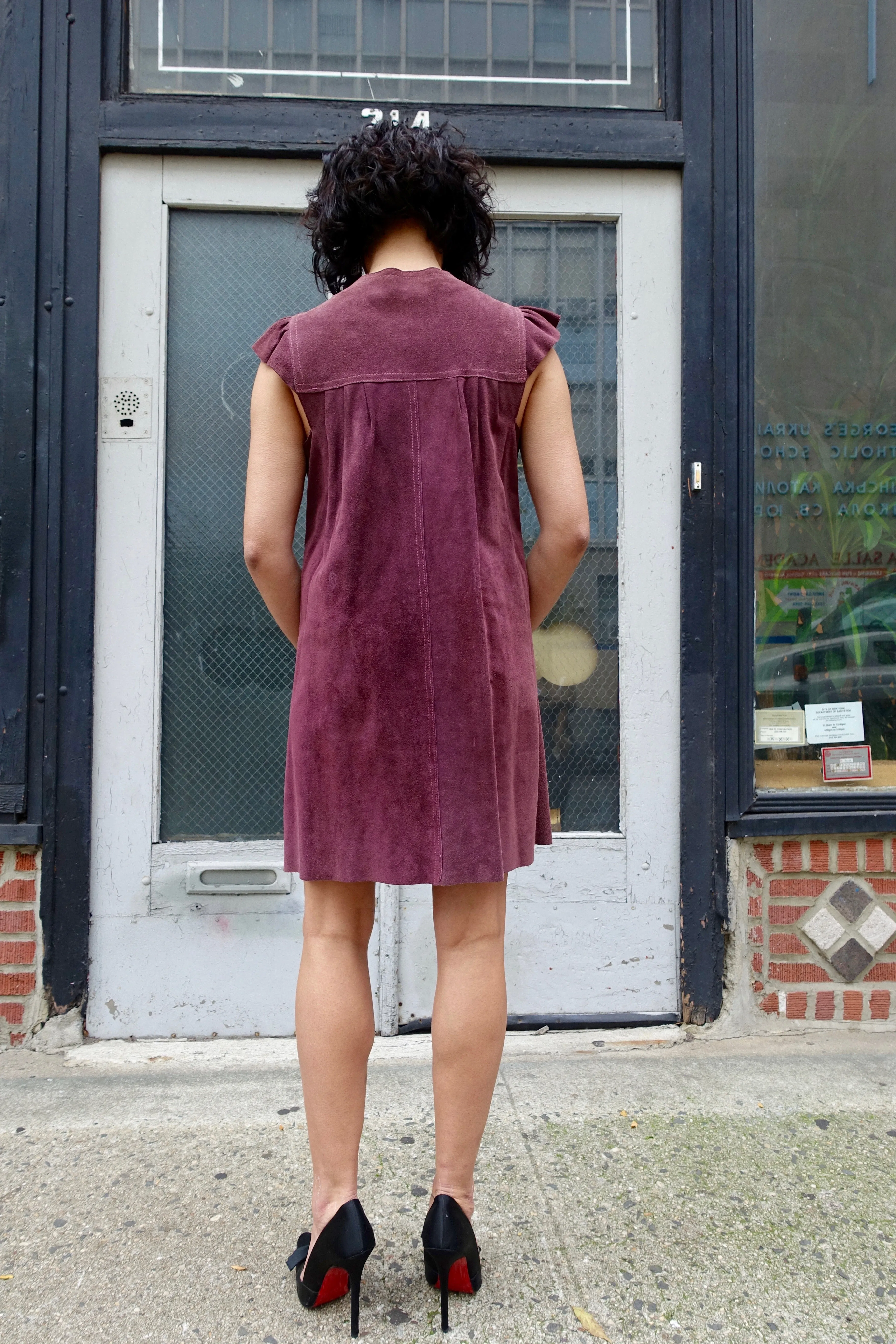 1970's Plum Suede Ruffle Sleeve Dress - SOLD