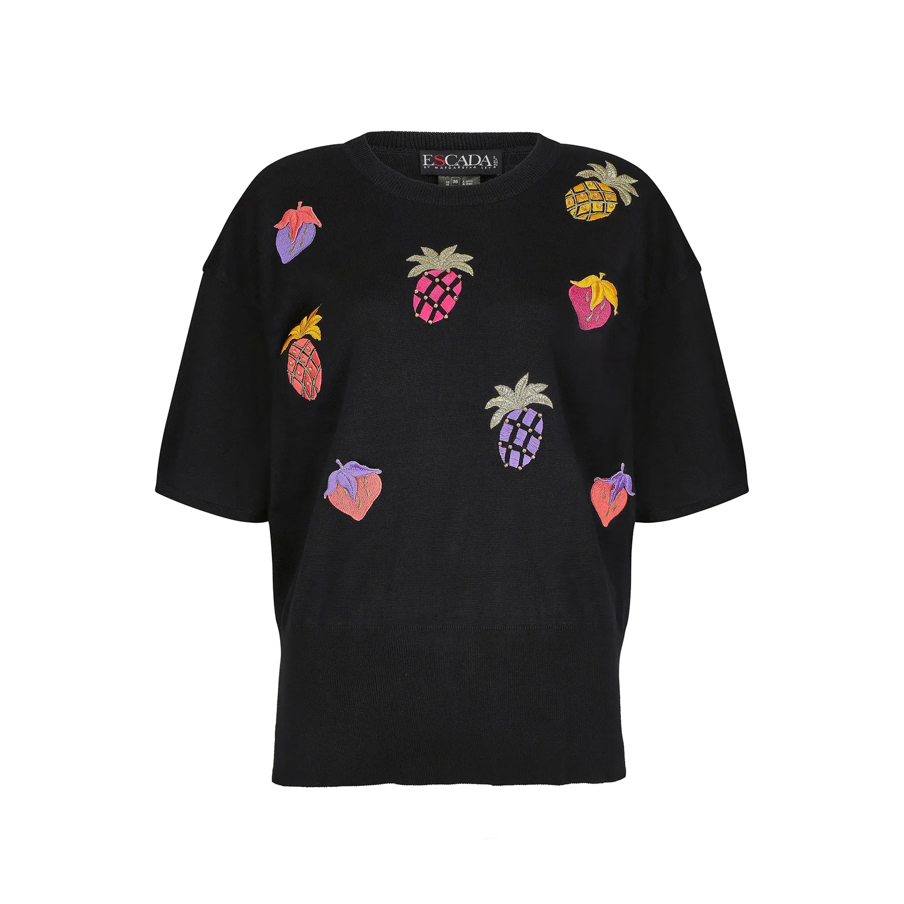 1990s Escada Navy Embroidered Fruit Salad Top