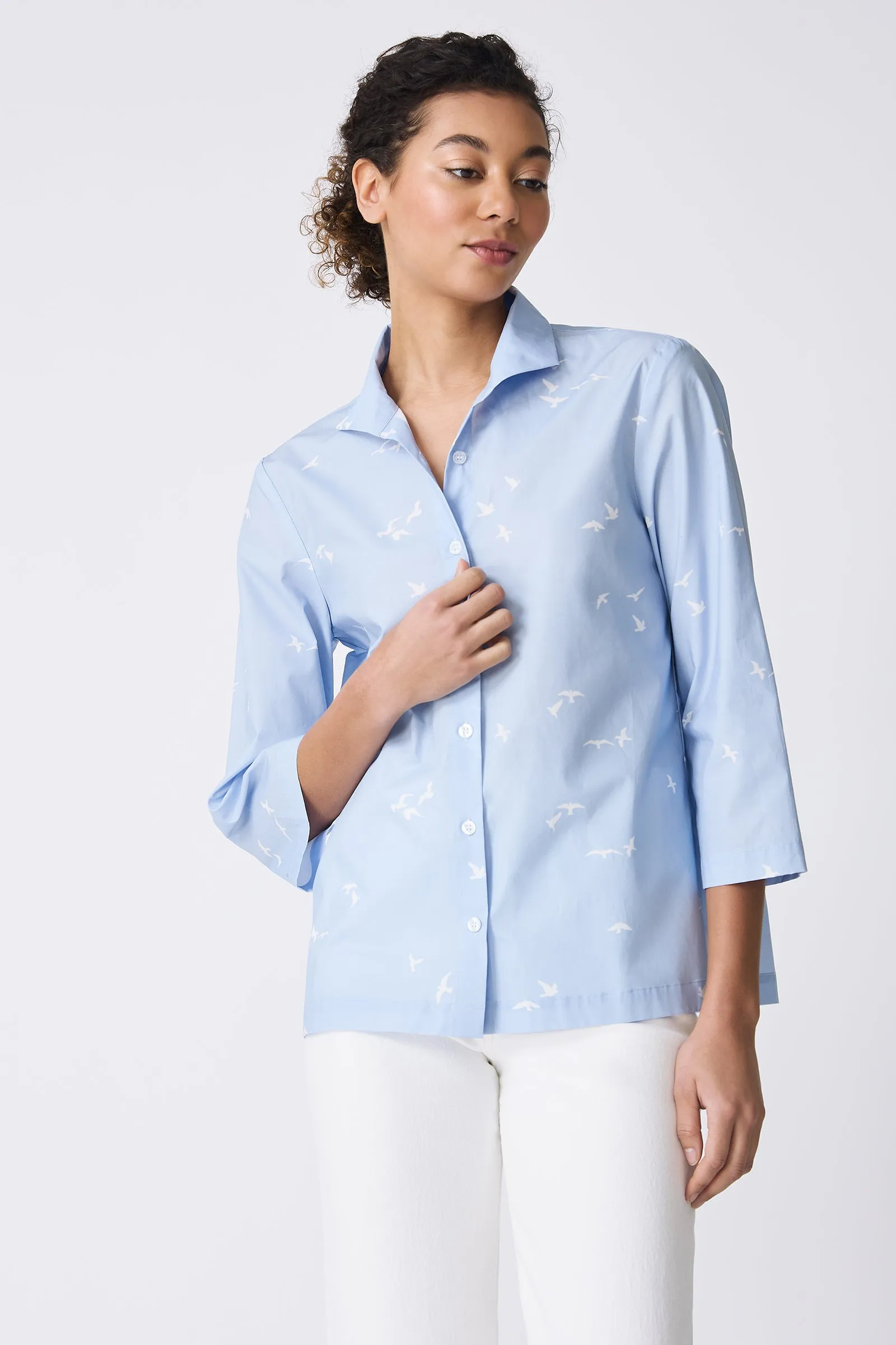 3/4 Sleeve Ginna - Bird Print Oxford Blue