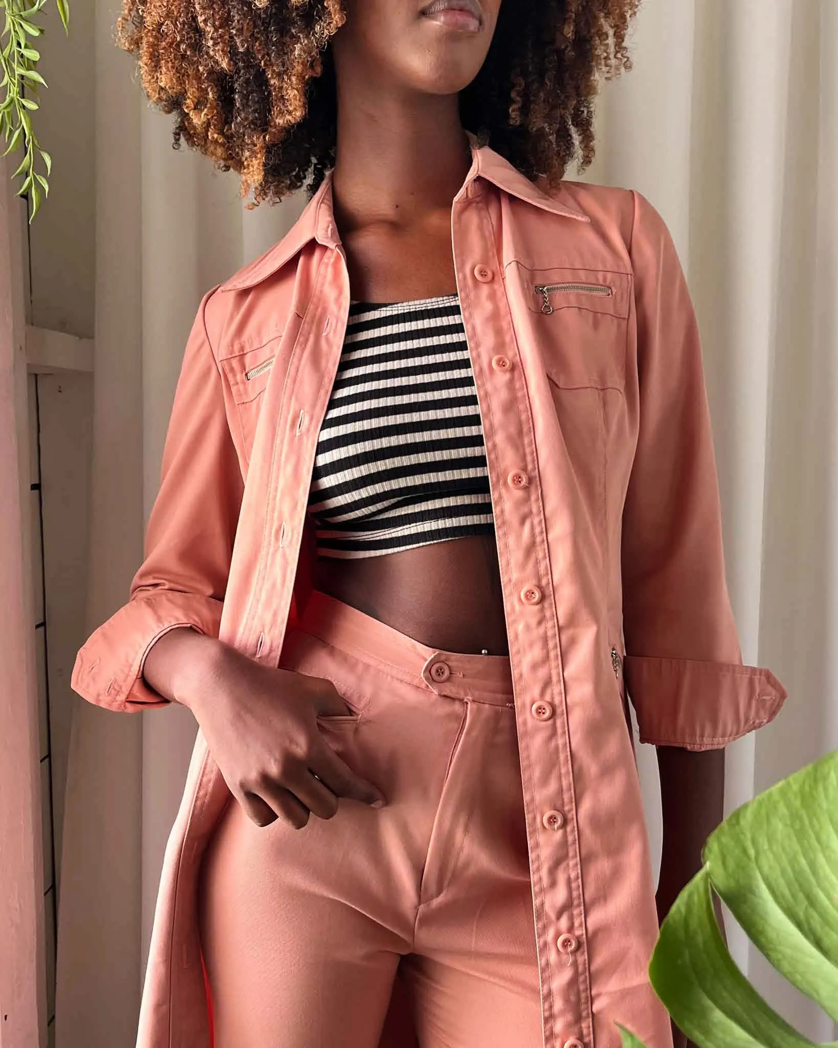 70s Pink Cotton Pant Suit | S