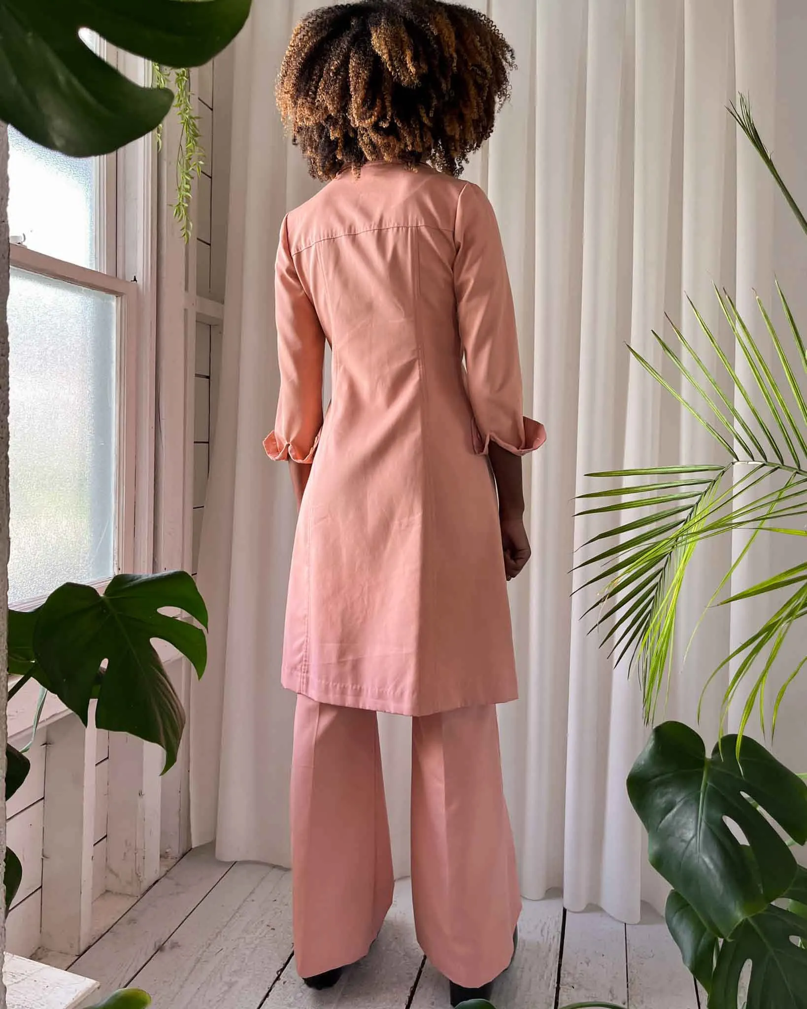 70s Pink Cotton Pant Suit | S