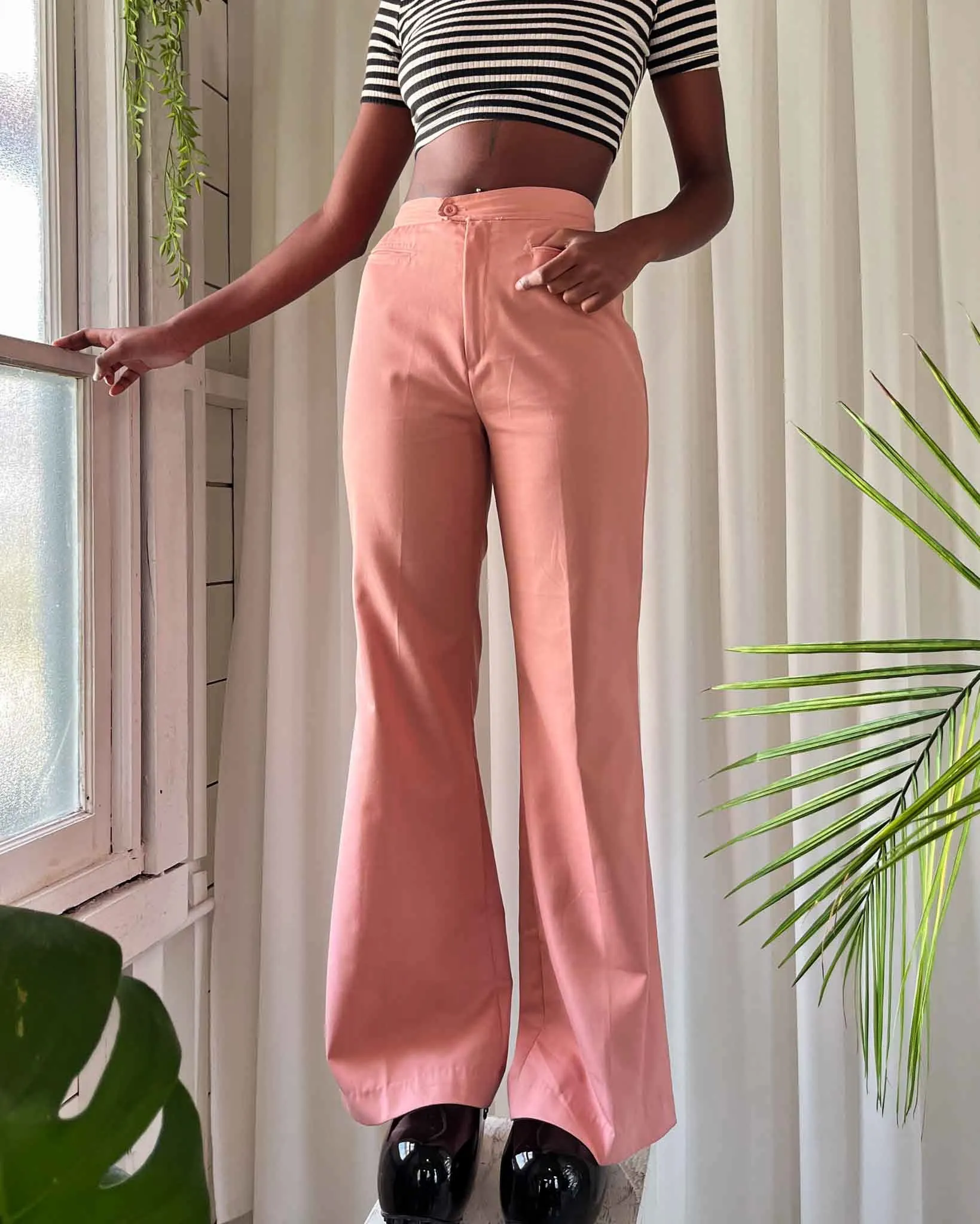 70s Pink Cotton Pant Suit | S