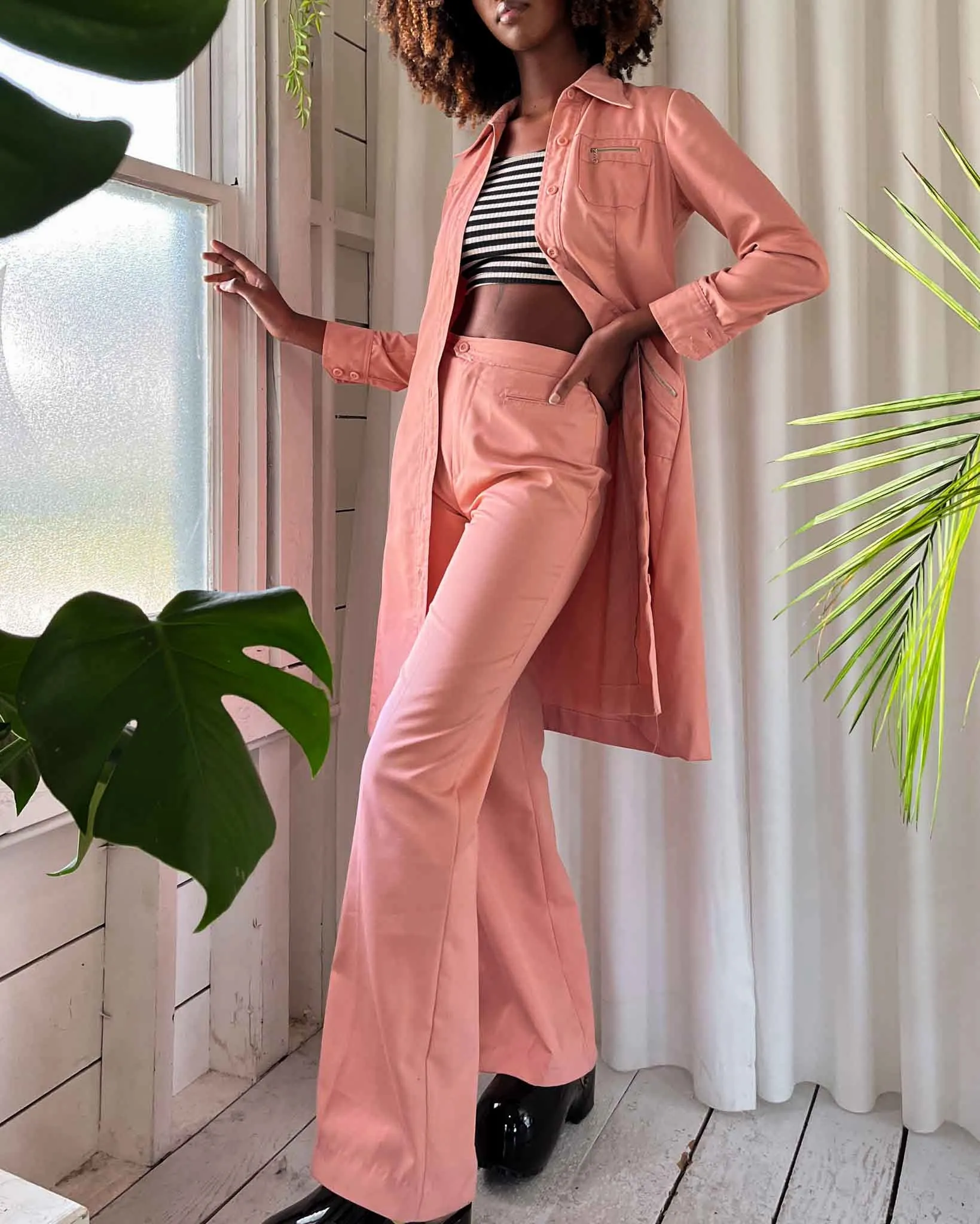 70s Pink Cotton Pant Suit | S