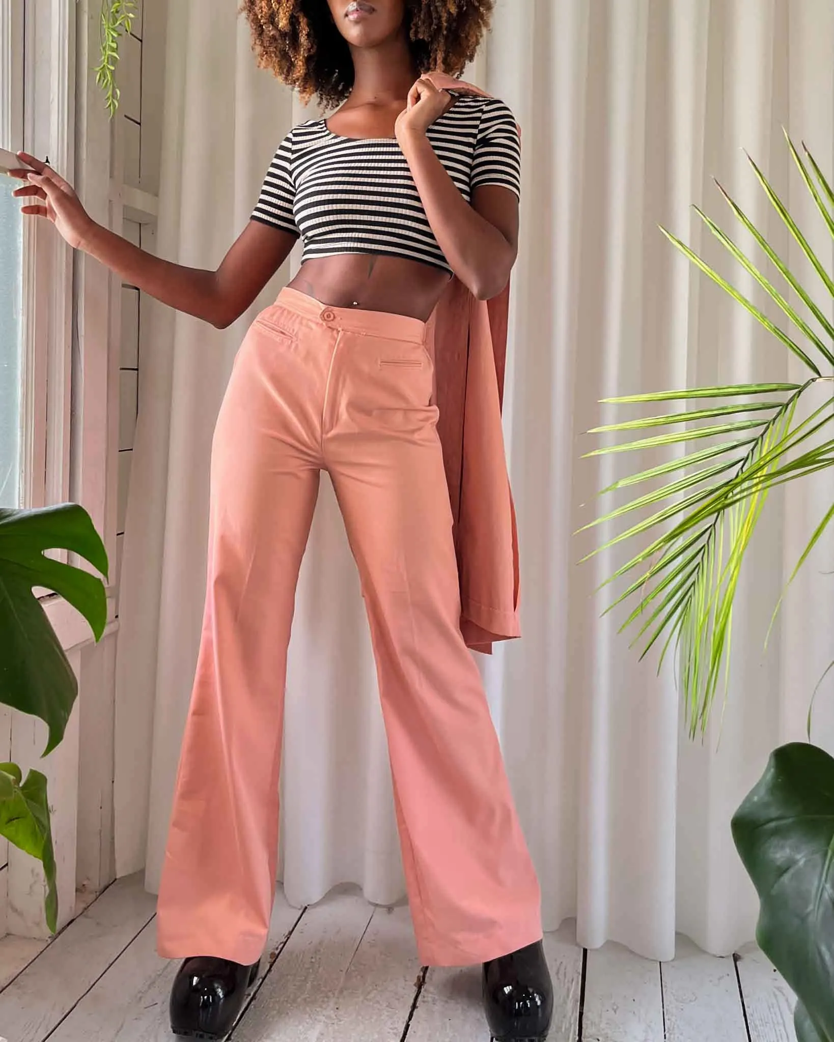 70s Pink Cotton Pant Suit | S