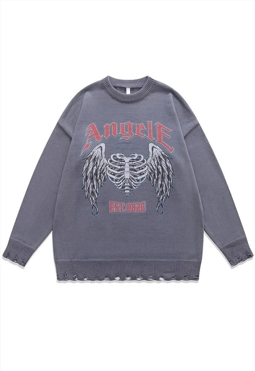 Angel wings sweater bones knit distressed scary jumper grey