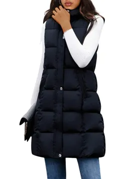 Black Women's Long Puffer Vest Casual Sleeveless Puffy Jacket - Tanming