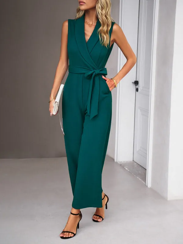 Bohemian Sleeveless Surplice Neck Career Jumpsuit