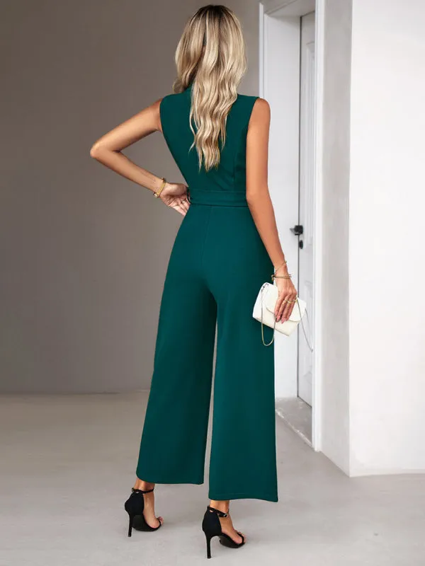 Bohemian Sleeveless Surplice Neck Career Jumpsuit