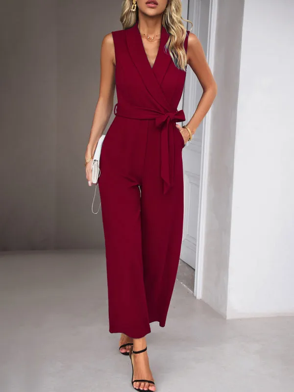 Bohemian Sleeveless Surplice Neck Career Jumpsuit