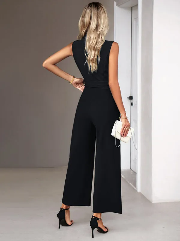Bohemian Sleeveless Surplice Neck Career Jumpsuit