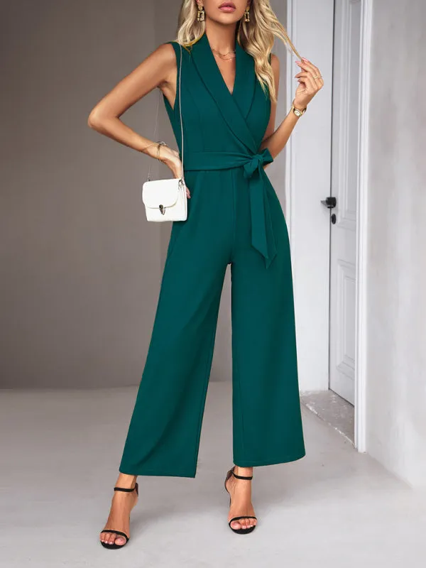 Bohemian Sleeveless Surplice Neck Career Jumpsuit