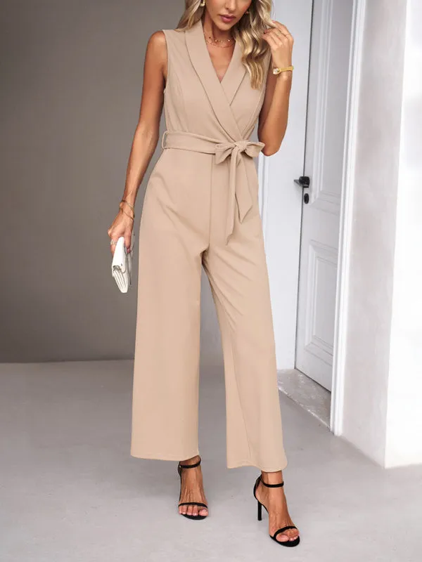 Bohemian Sleeveless Surplice Neck Career Jumpsuit