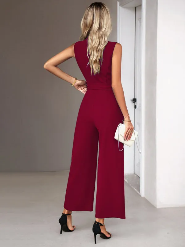 Bohemian Sleeveless Surplice Neck Career Jumpsuit