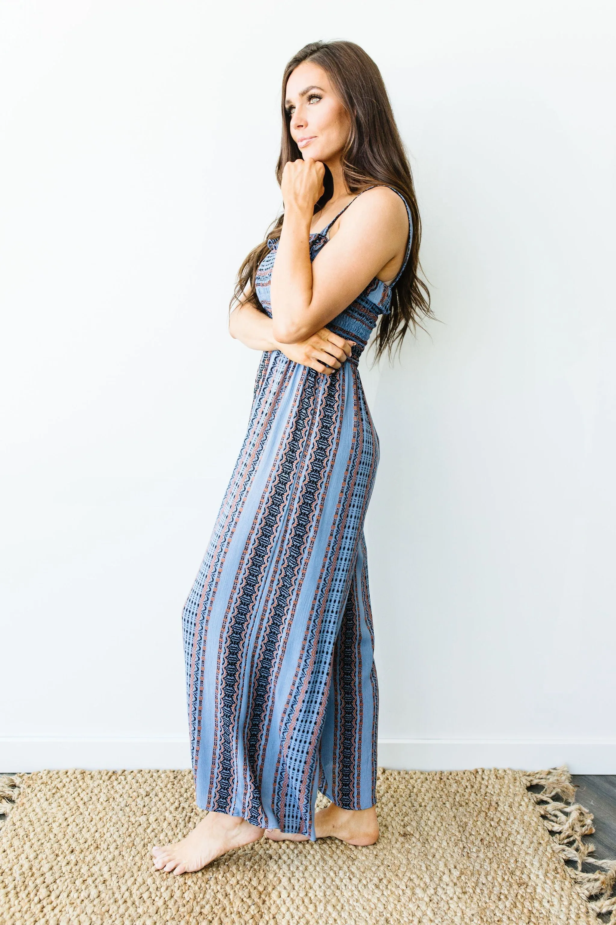 Boho Smocked Jumpsuit In Blue