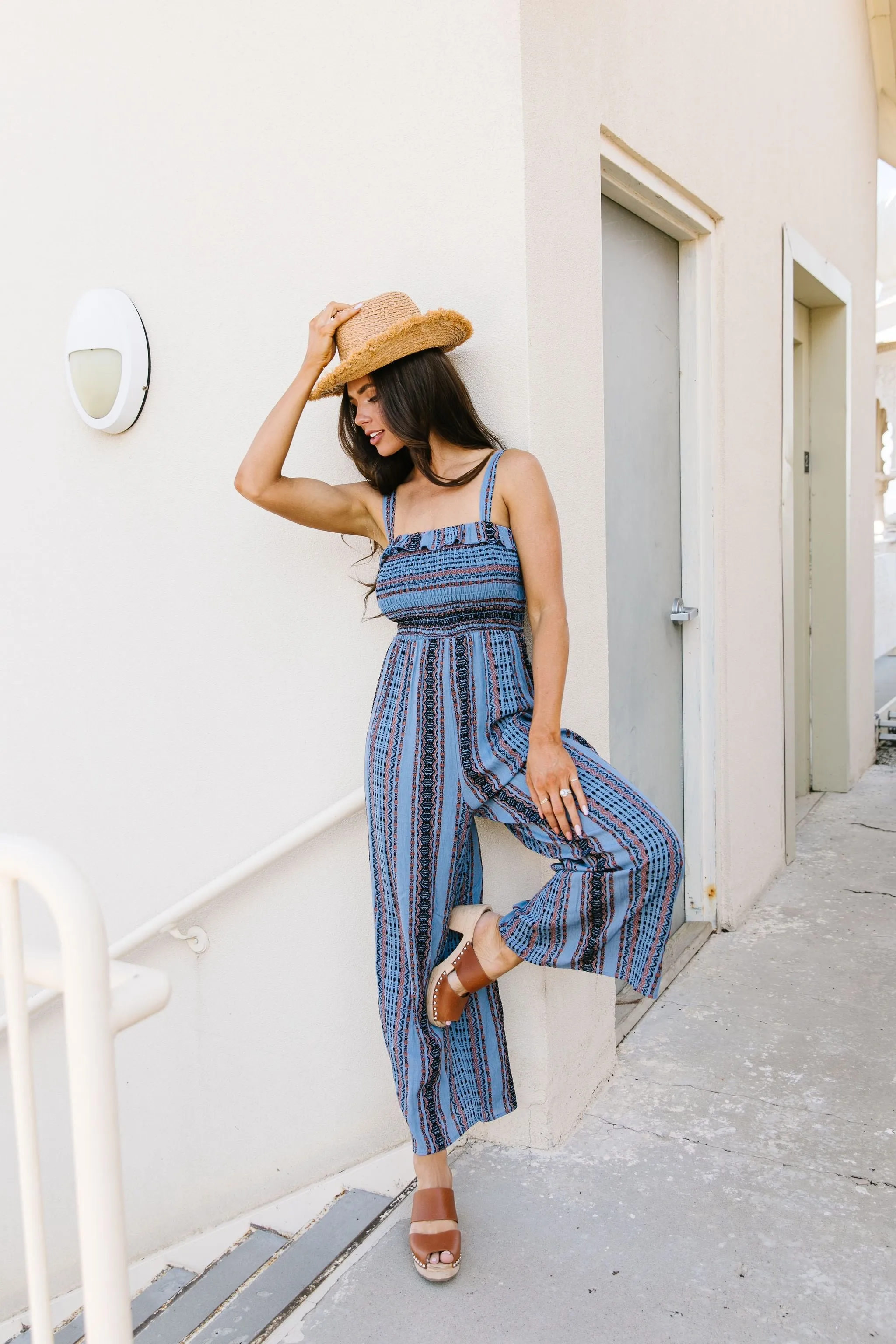 Boho Smocked Jumpsuit In Blue