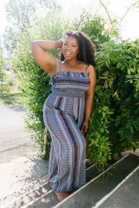 Boho Smocked Jumpsuit In Blue