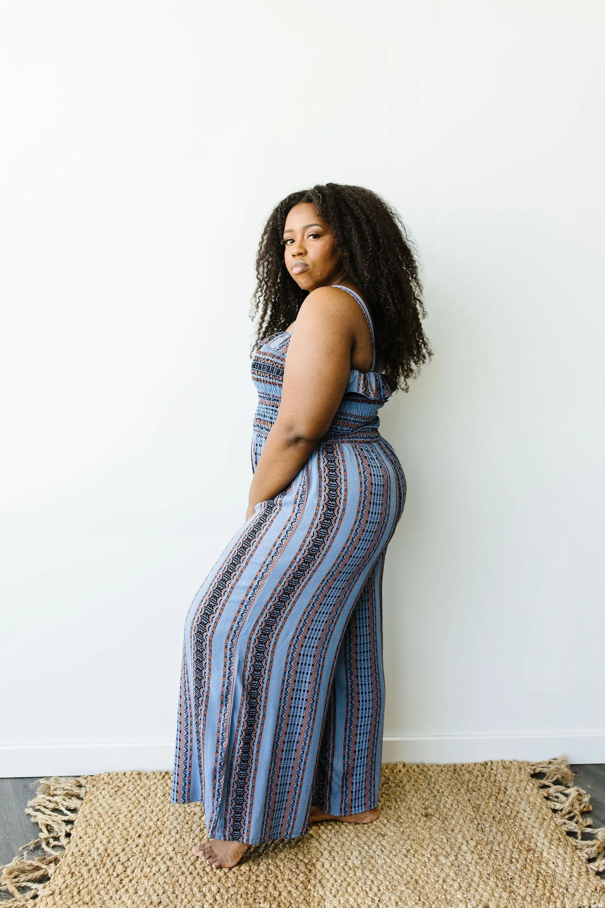 Boho Smocked Jumpsuit In Blue