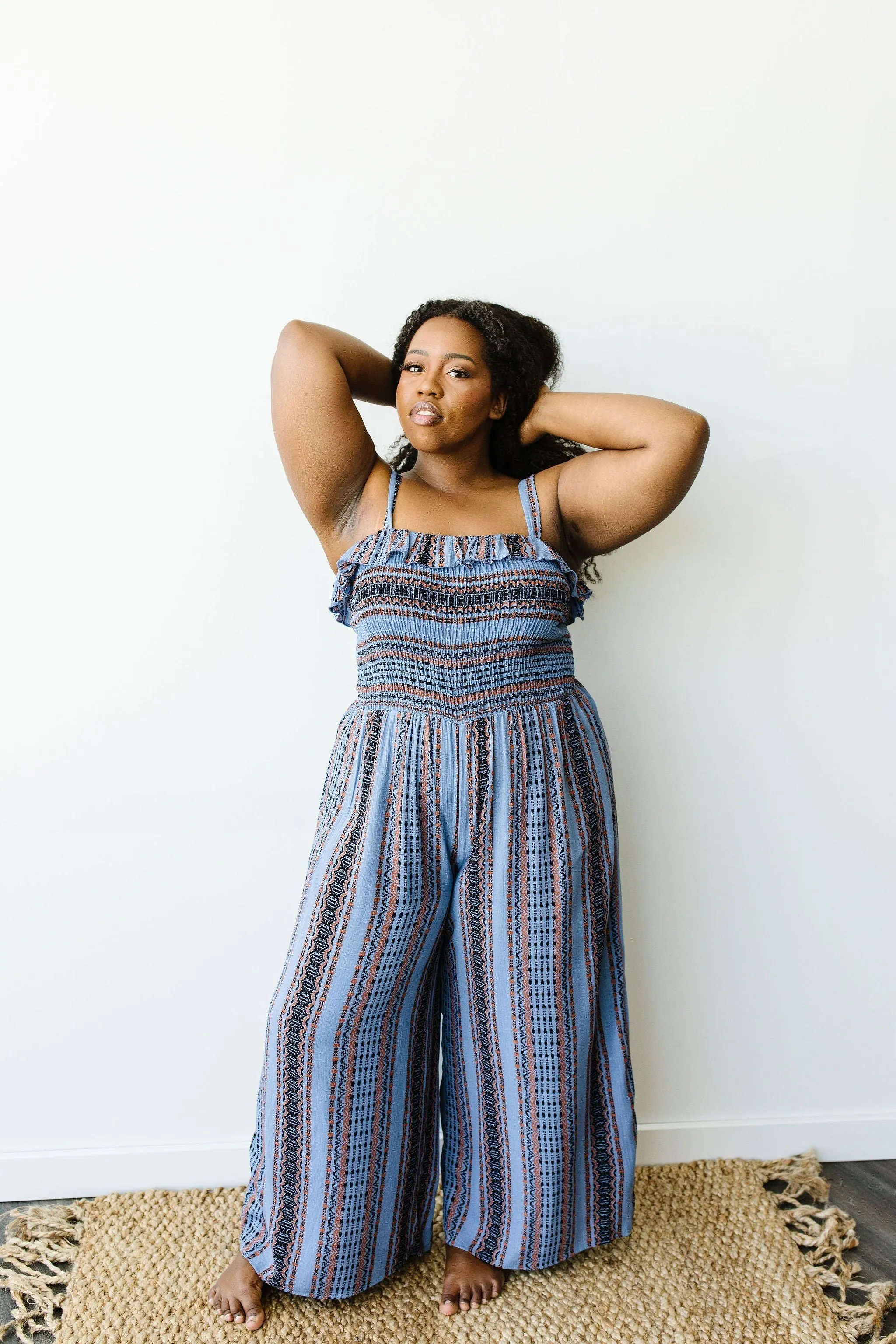 Boho Smocked Jumpsuit In Blue