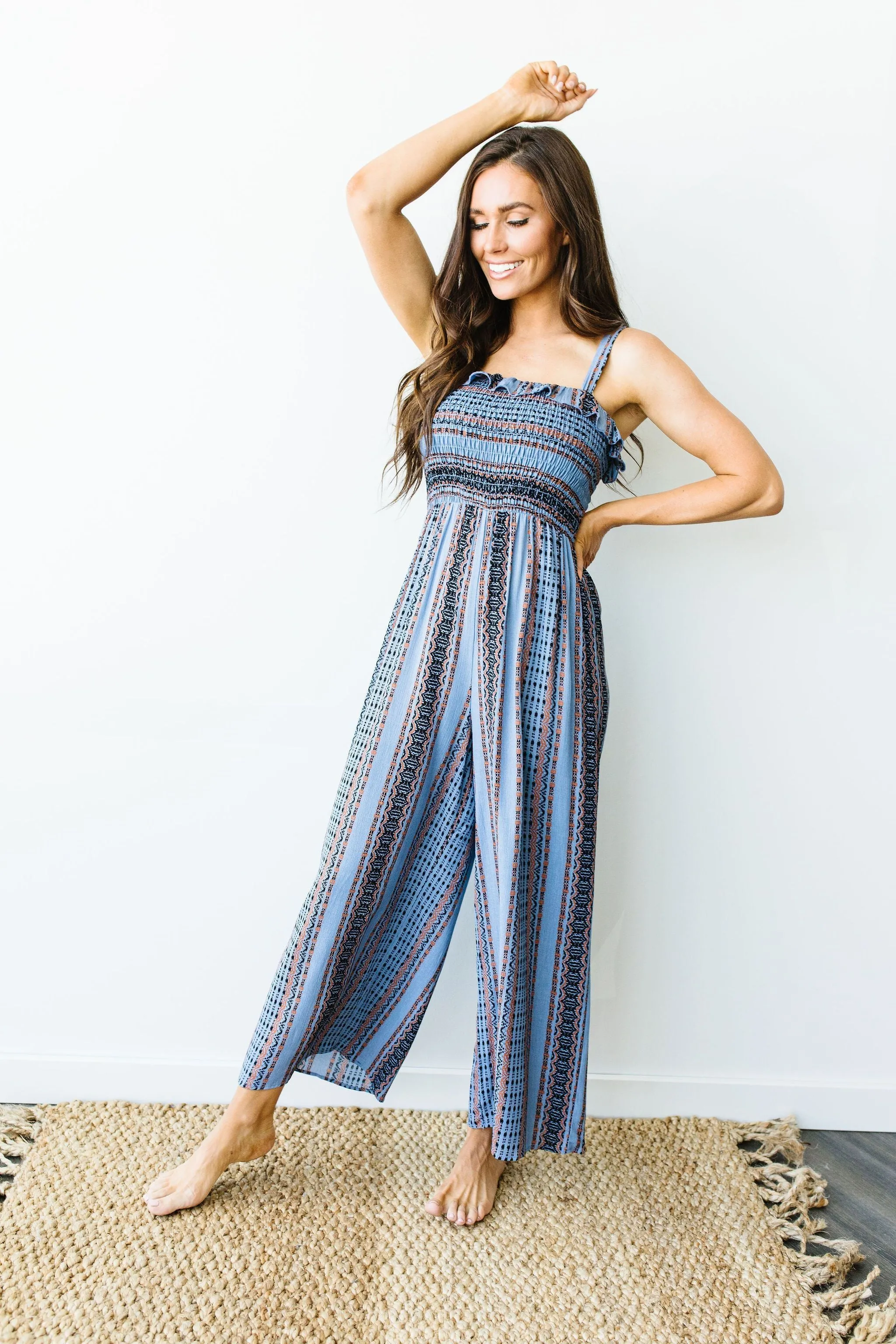 Boho Smocked Jumpsuit In Blue
