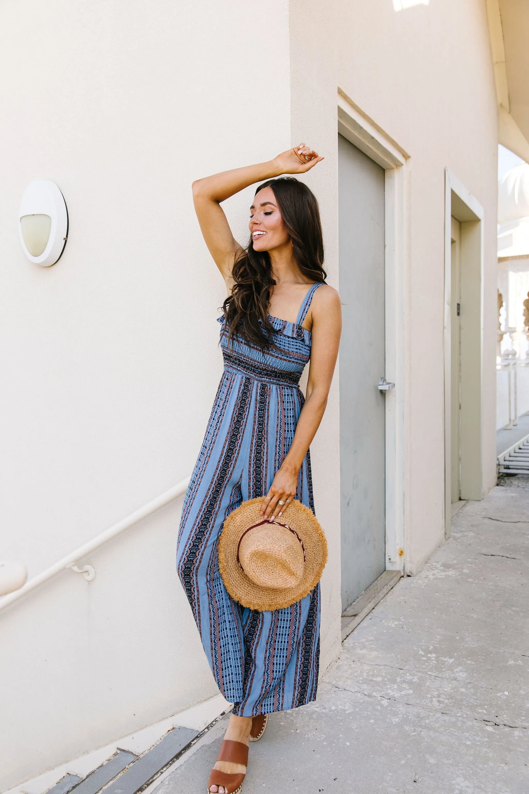 Boho Smocked Jumpsuit In Blue