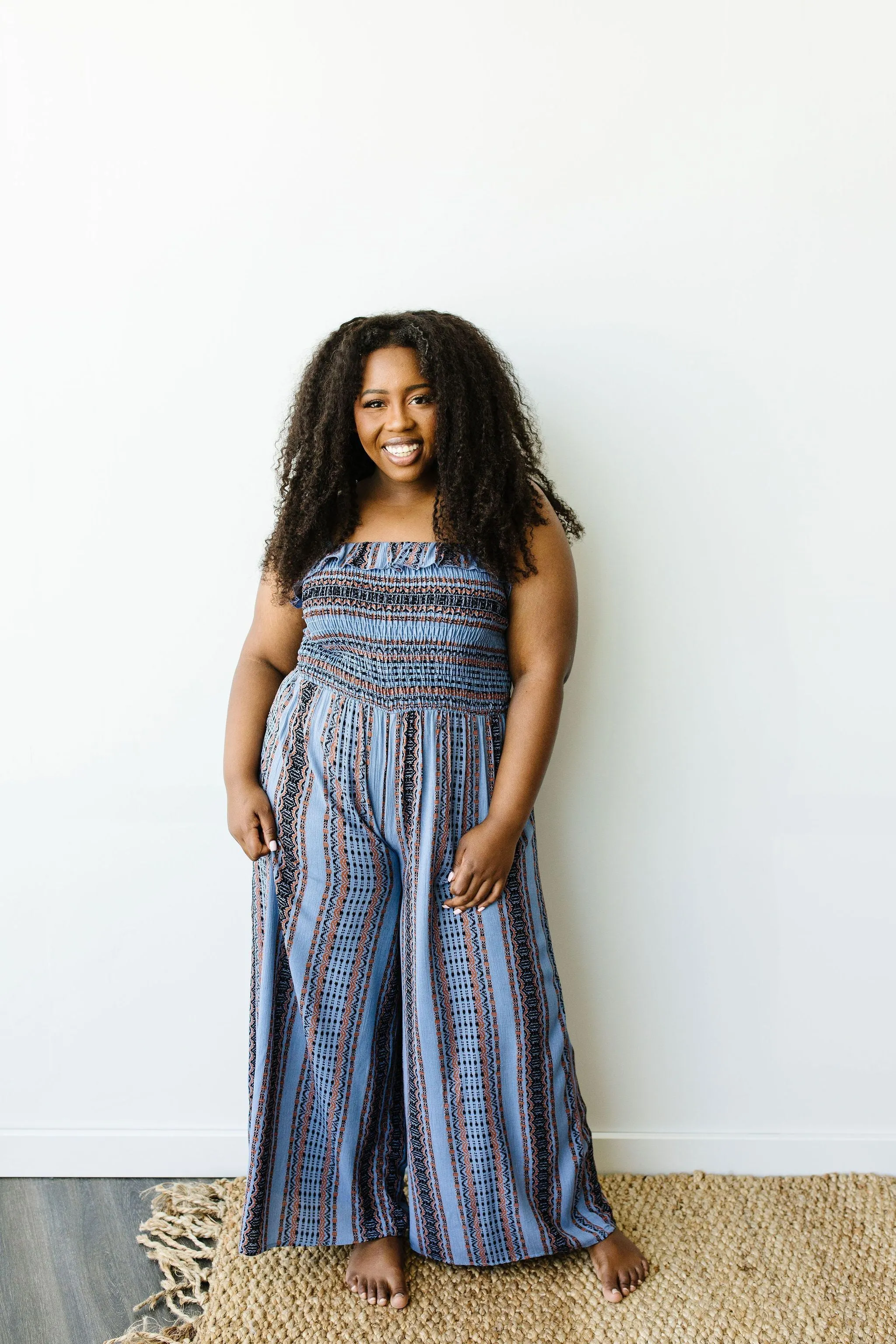 Boho Smocked Jumpsuit In Blue
