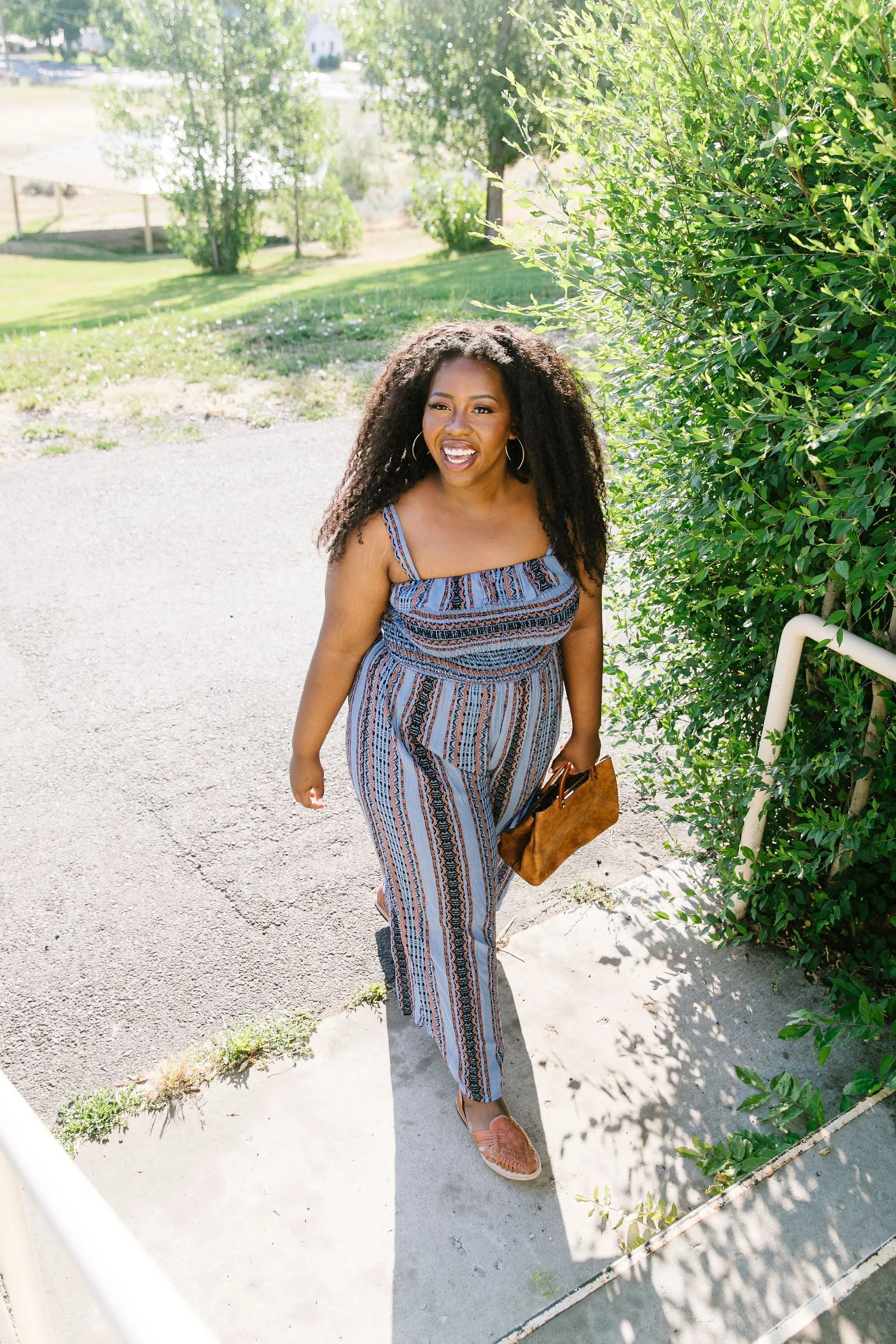 Boho Smocked Jumpsuit In Blue