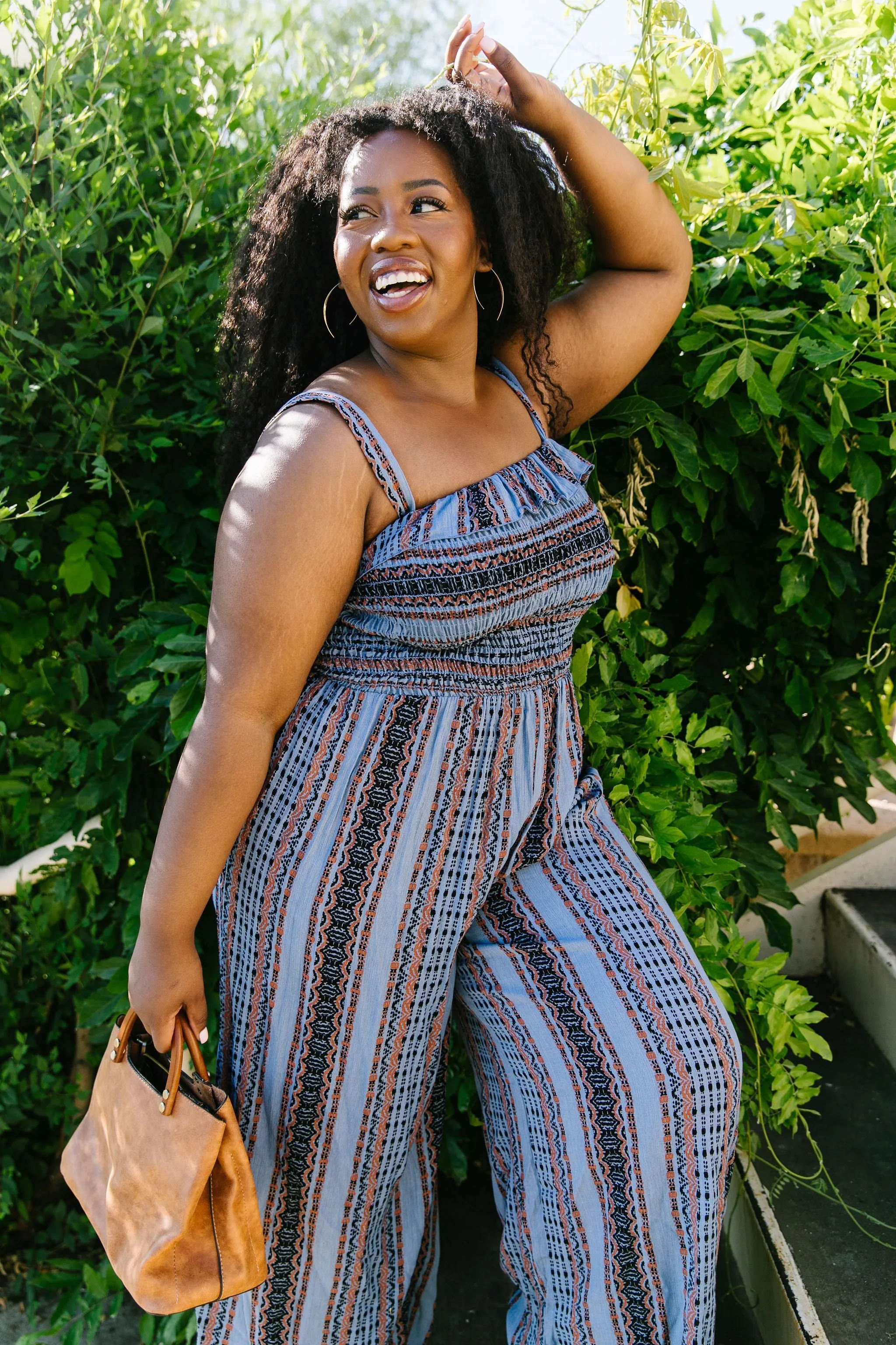 Boho Smocked Jumpsuit In Blue