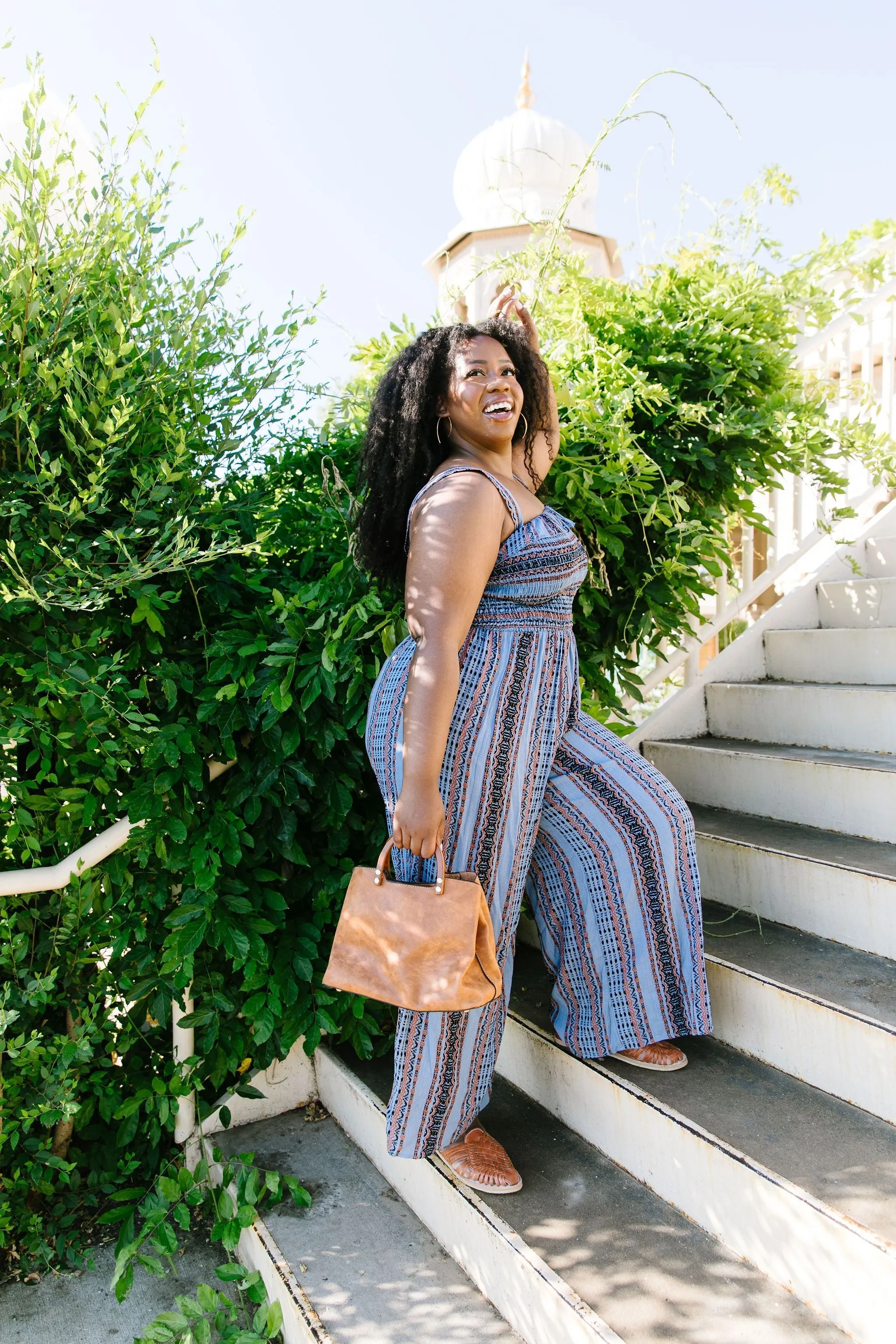 Boho Smocked Jumpsuit In Blue