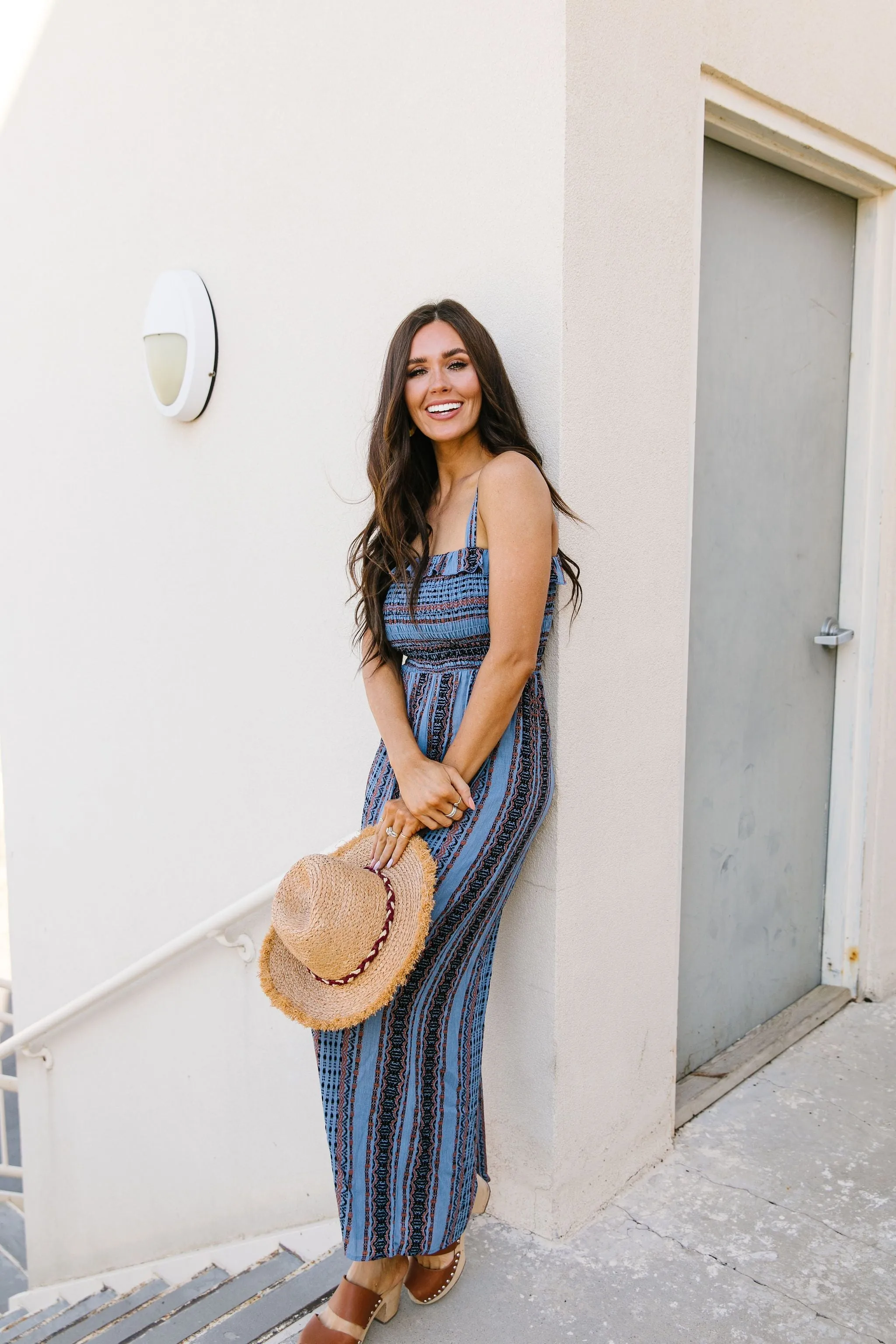 Boho Smocked Jumpsuit In Blue