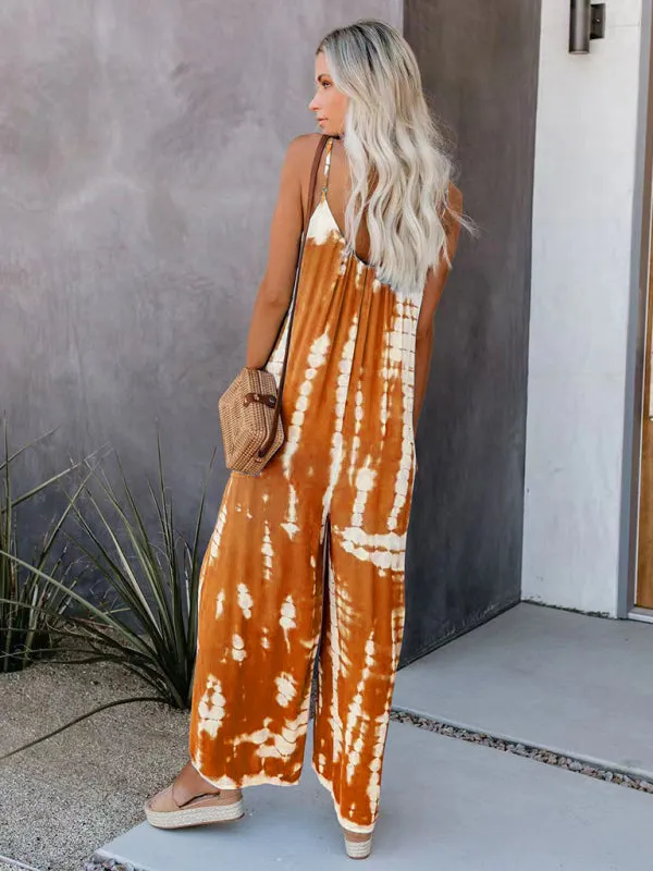Boho Tie Dye Loose Casual Wide Leg Jumpsuit, On Sale