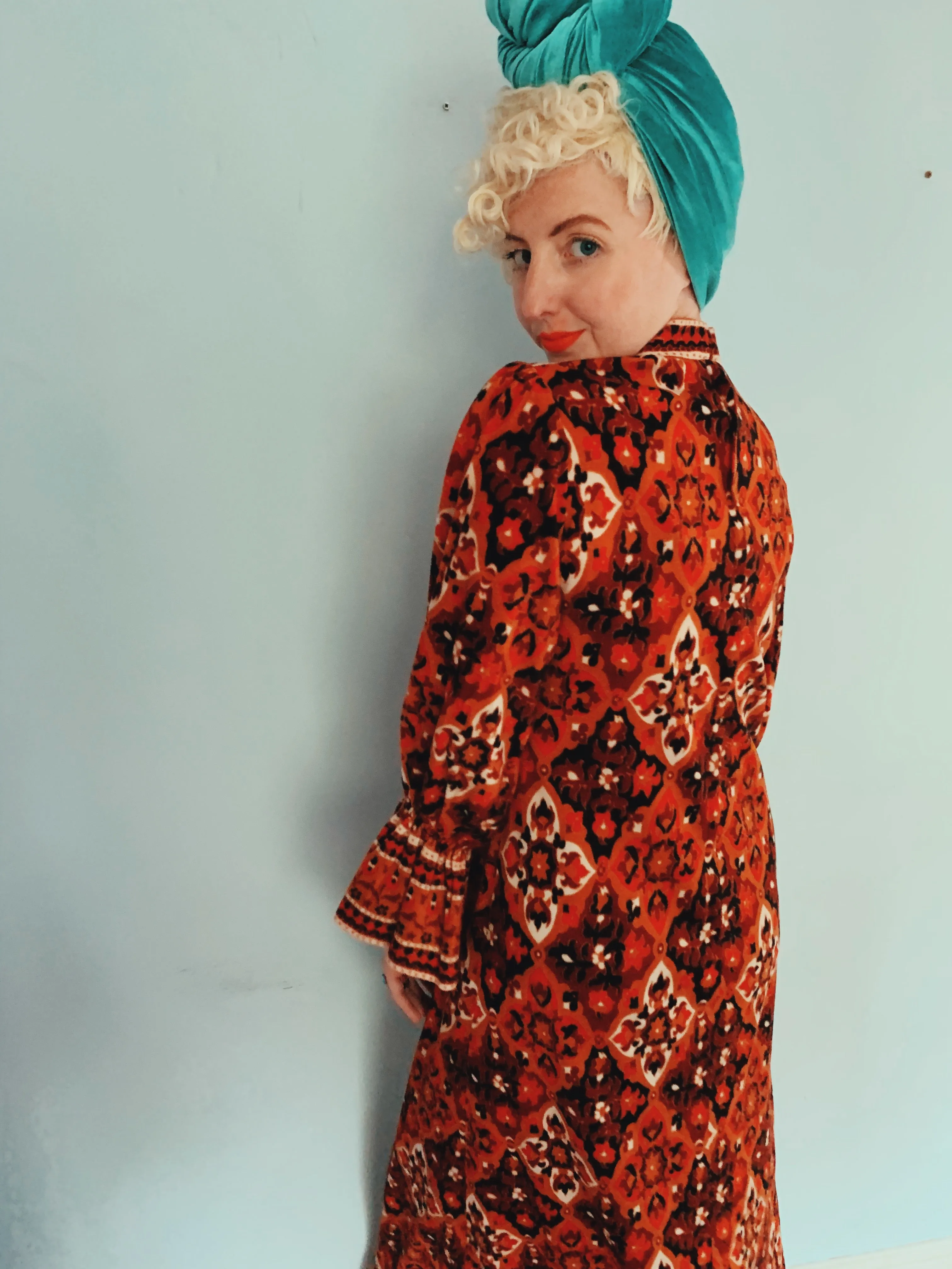 Brown and red 70s print long sleeve maxi dress