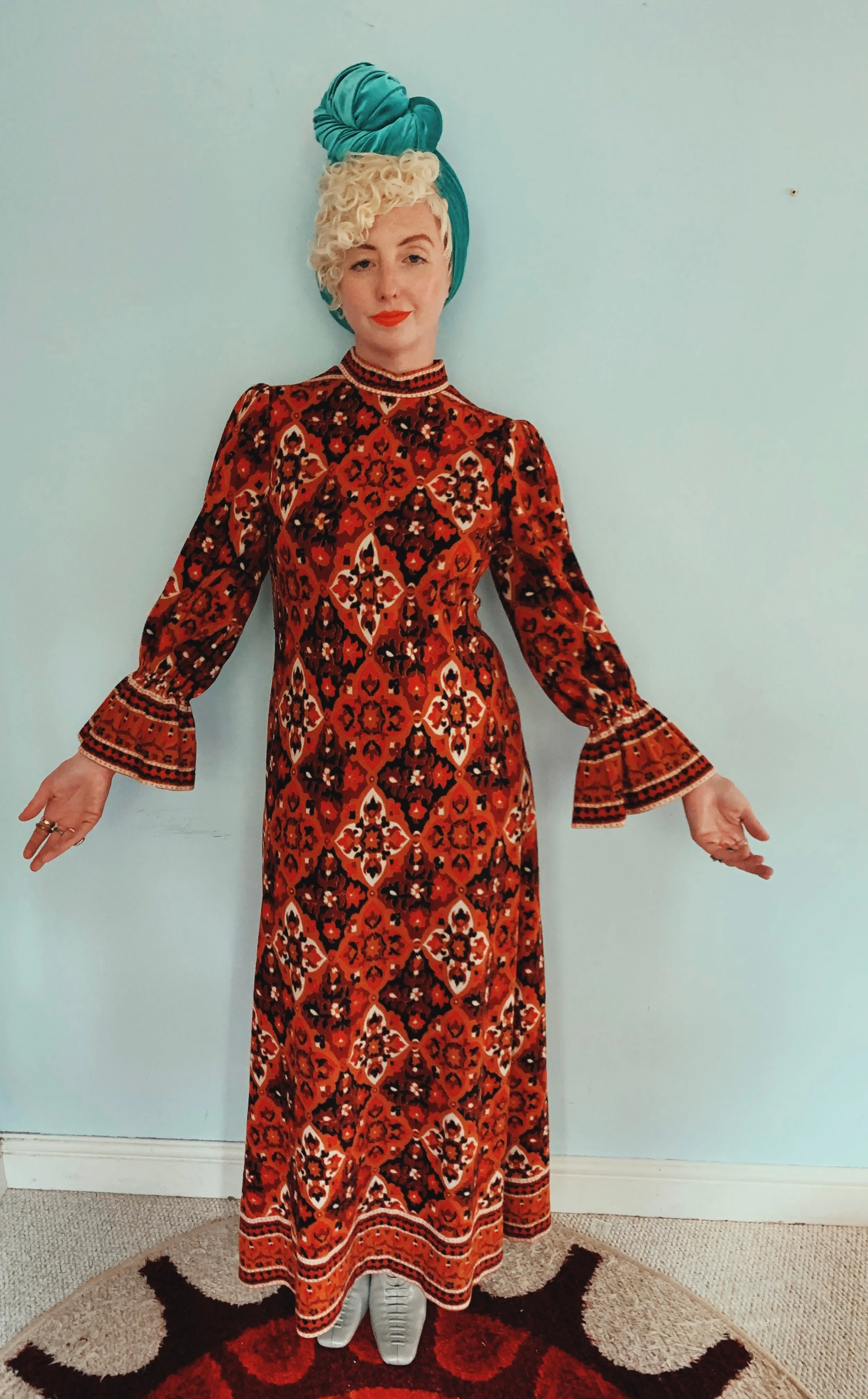 Brown and red 70s print long sleeve maxi dress