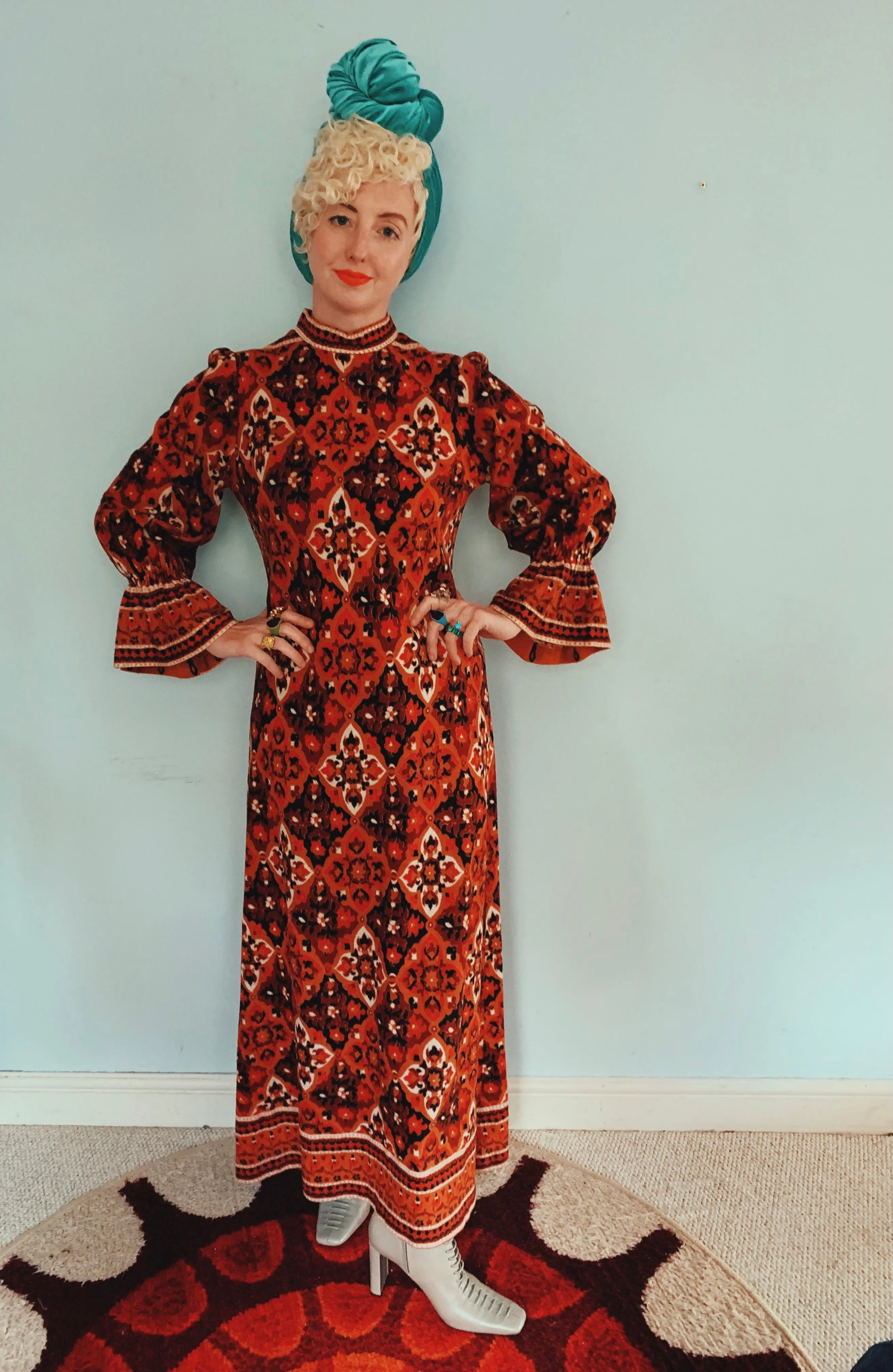 Brown and red 70s print long sleeve maxi dress
