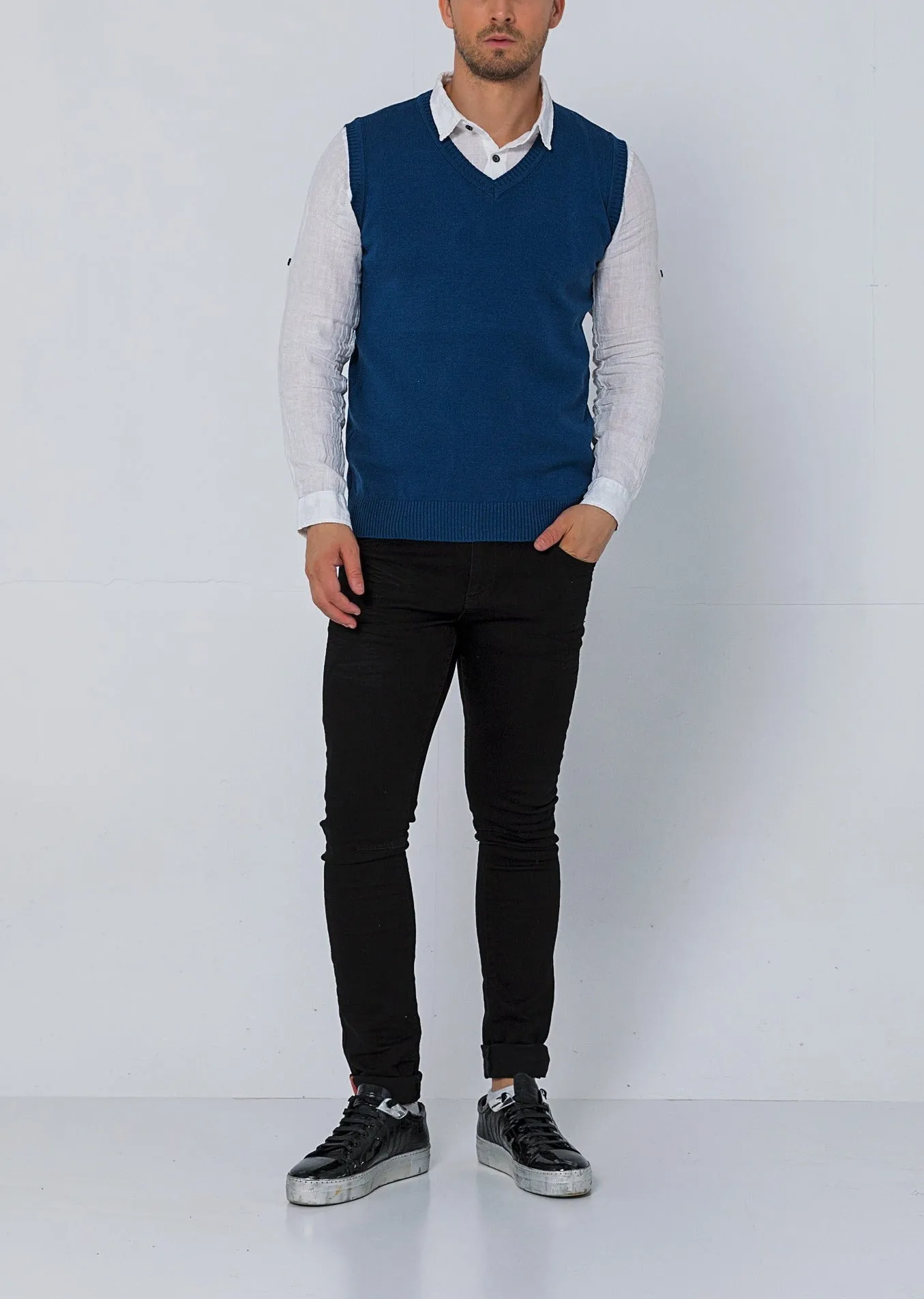 Classic V-Neck Knitted Vest - Indigo