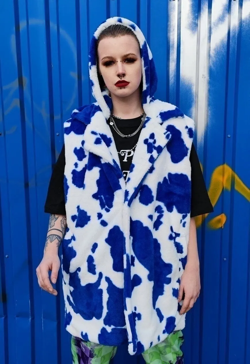 Cow fleece coat handmade 2 in 1 animal print jacket in blue