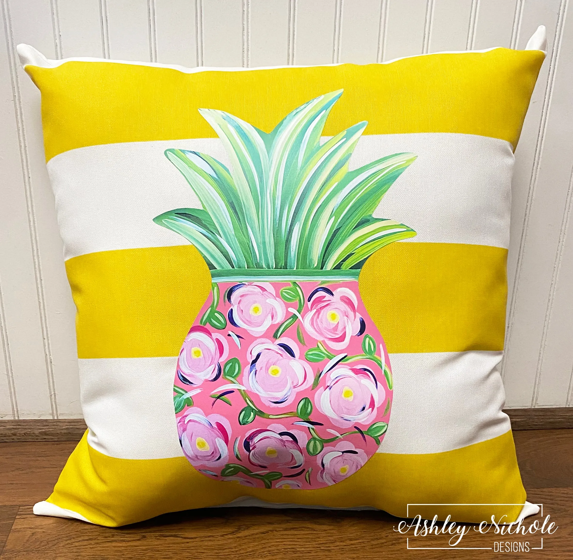 Custom Pillow - Pineapple - Pink Floral on Pineapple Yellow Stripe Outdoor Fabric