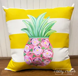 Custom Pillow - Pineapple - Pink Floral on Pineapple Yellow Stripe Outdoor Fabric