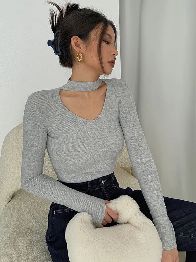Cutout V Neck Long Sleeve Top - Grey