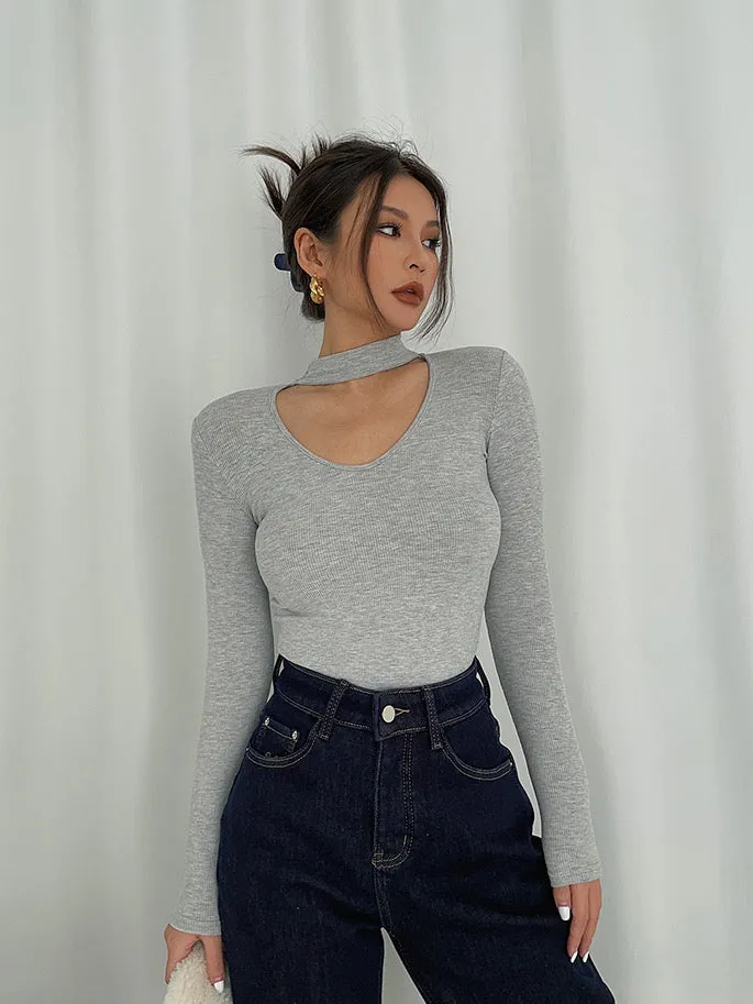 Cutout V Neck Long Sleeve Top - Grey