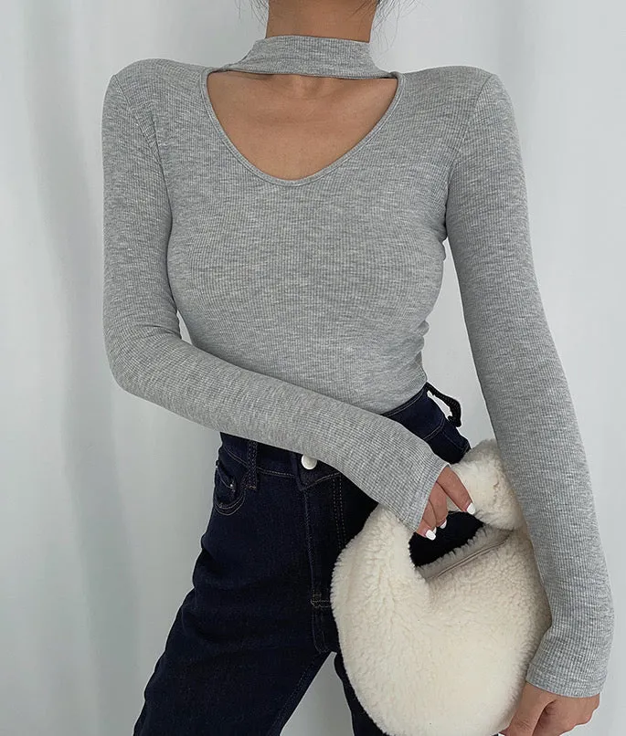Cutout V Neck Long Sleeve Top - Grey