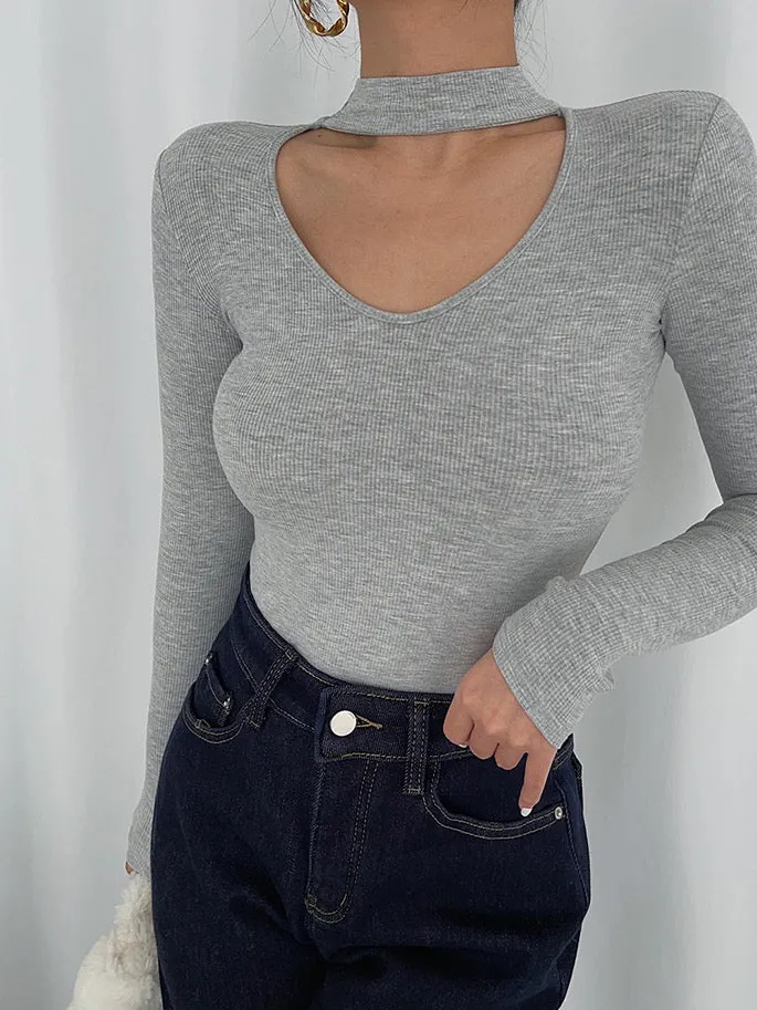 Cutout V Neck Long Sleeve Top - Grey