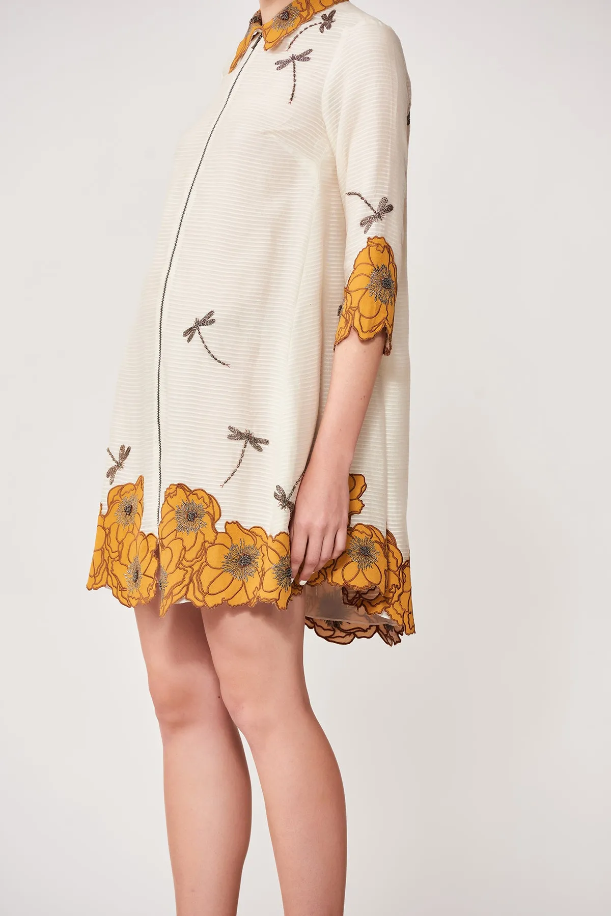 Cutwork Flower and Dragonfly Side Triangle Shirt Dress