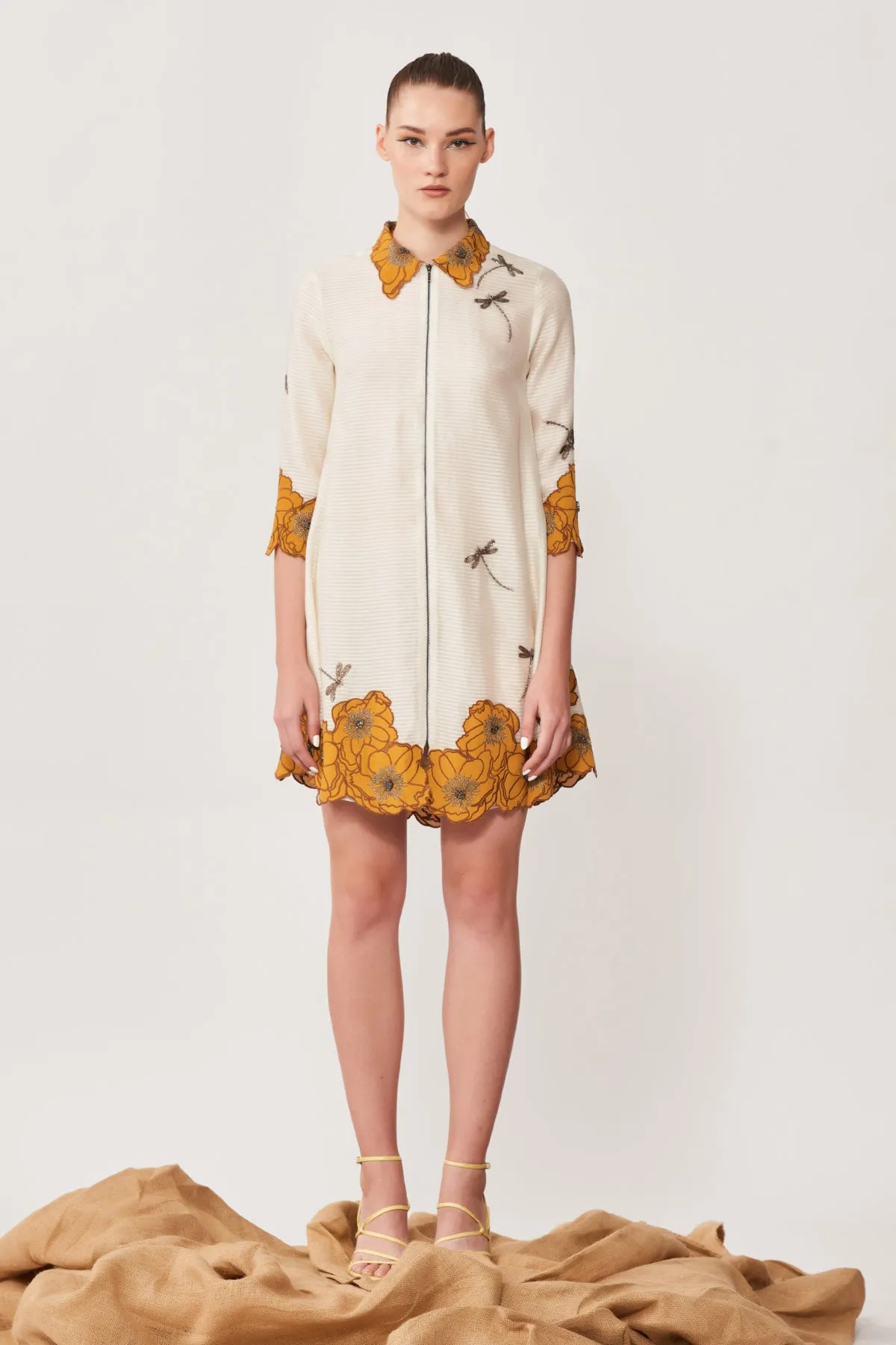 Cutwork Flower and Dragonfly Side Triangle Shirt Dress