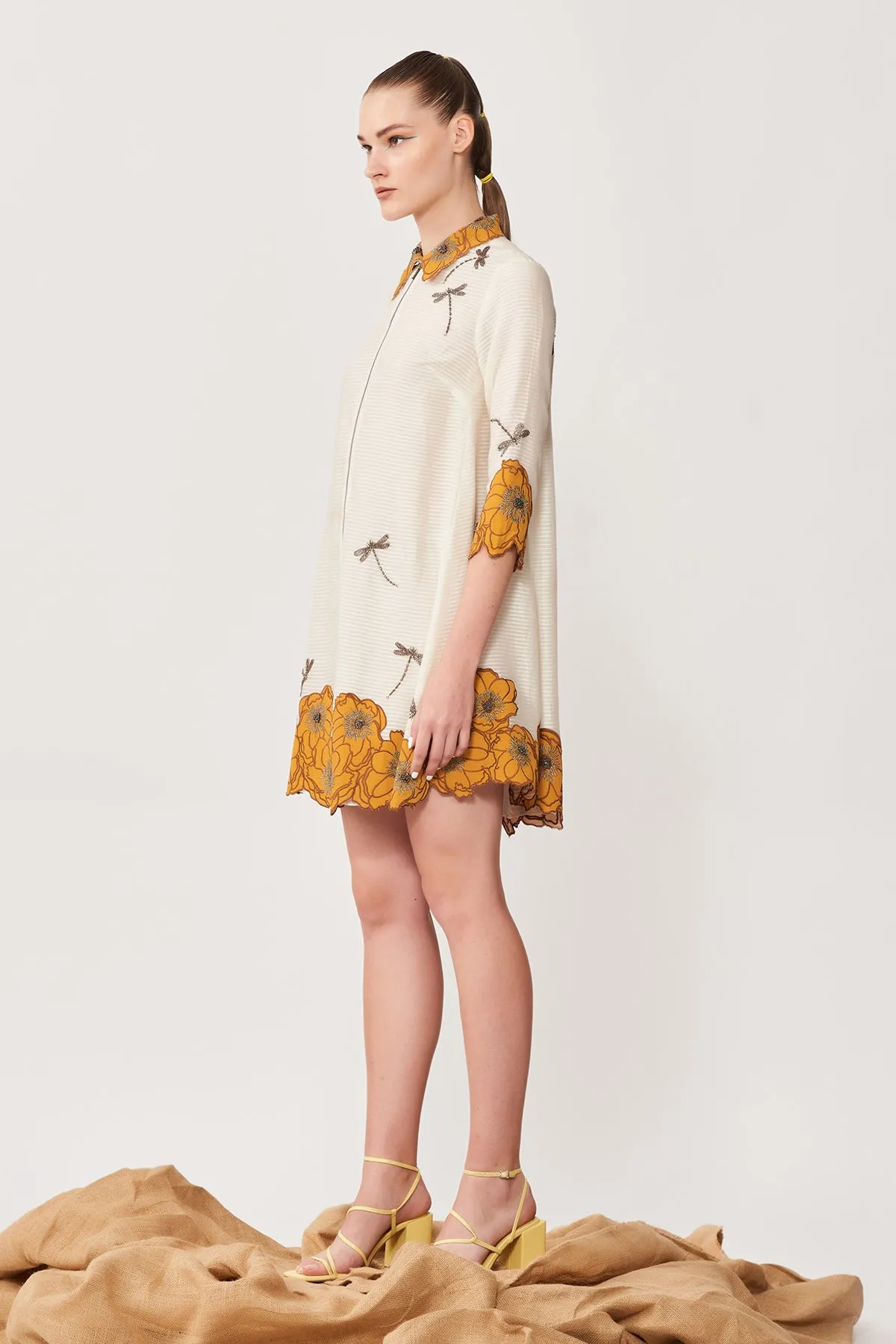 Cutwork Flower and Dragonfly Side Triangle Shirt Dress