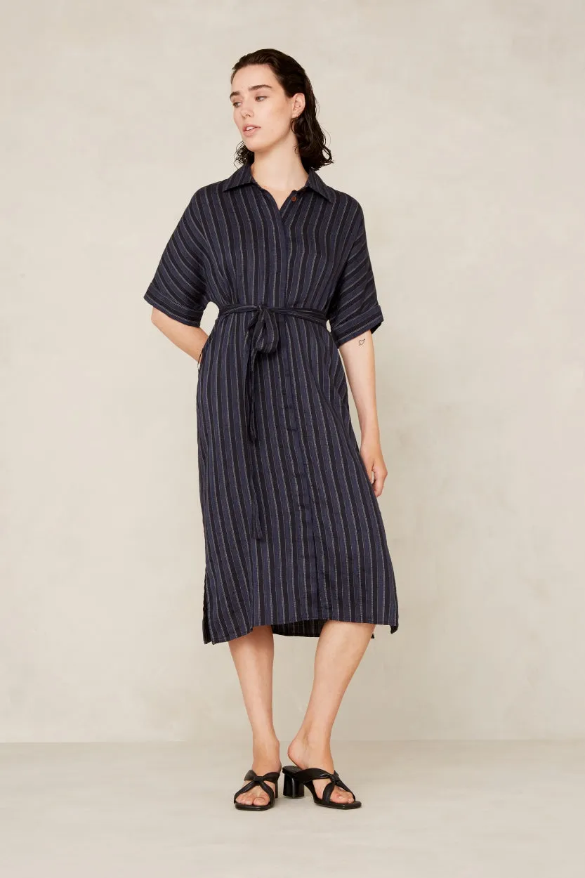 Dione Dress | Blue Linen Stripe