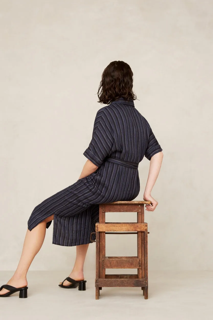 Dione Dress | Blue Linen Stripe