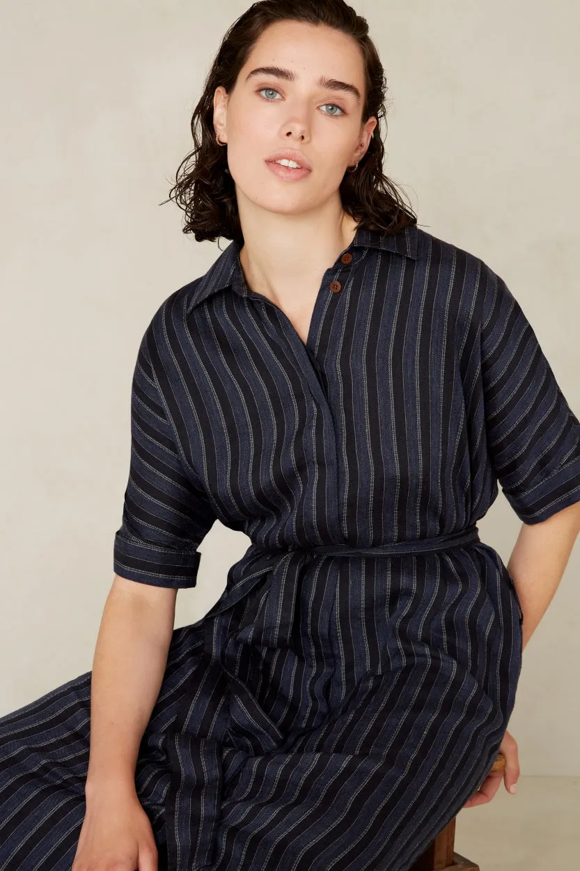 Dione Dress | Blue Linen Stripe