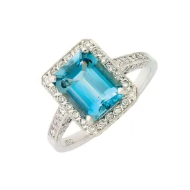 Emerald Cut Aquamarine & Diamond Halo Ring   WPR02